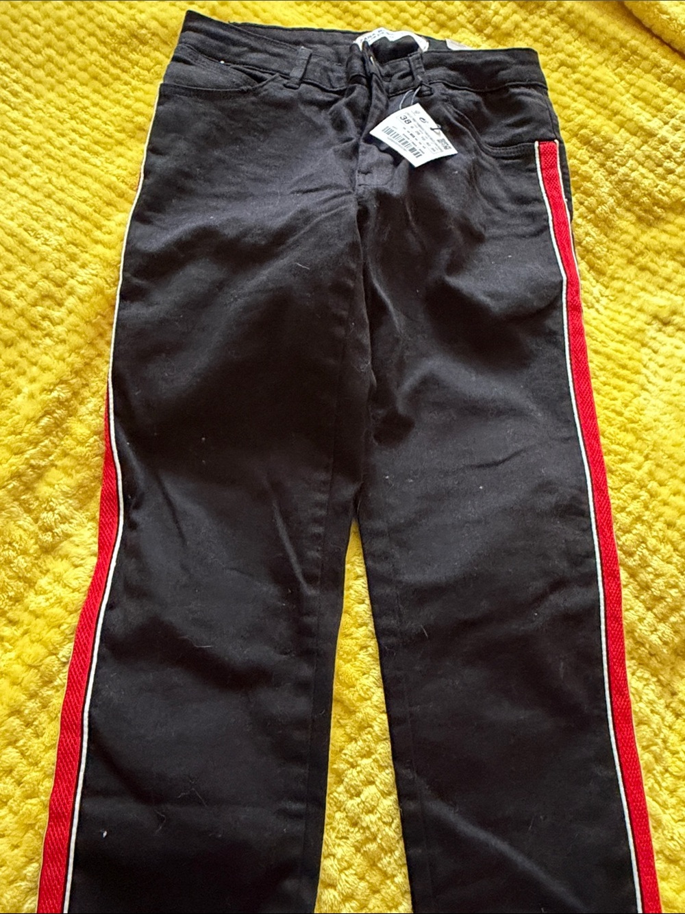 Zara Black Skinny Jeans with Red Side Stripes and White Piping